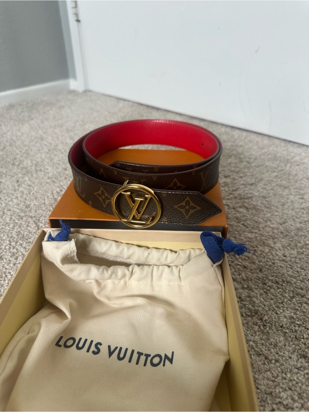 Louis Vuitton Monogram Belt with Red Interior and Gold LV Buckle